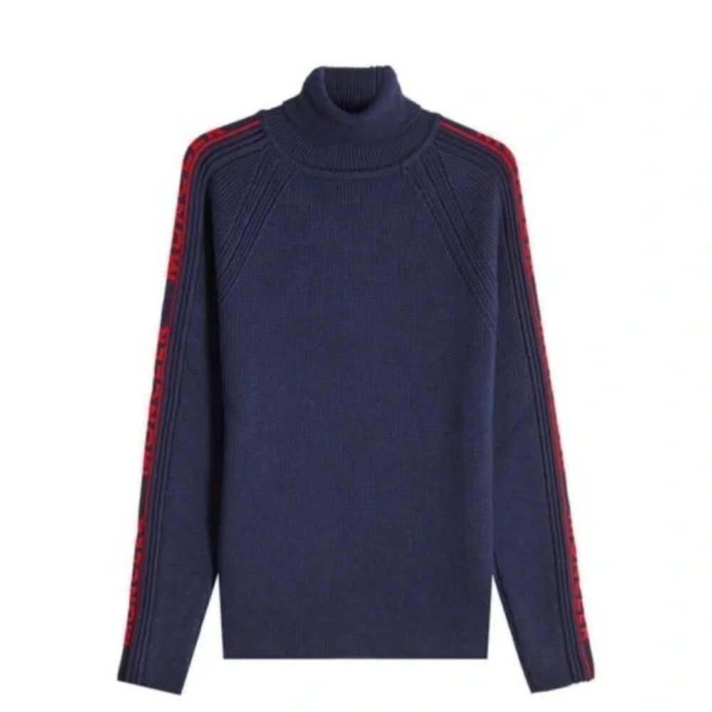 Moncler Maglione Tricot Ciclista Knit Navy Virgin Wool Logo Arms Turtleneck